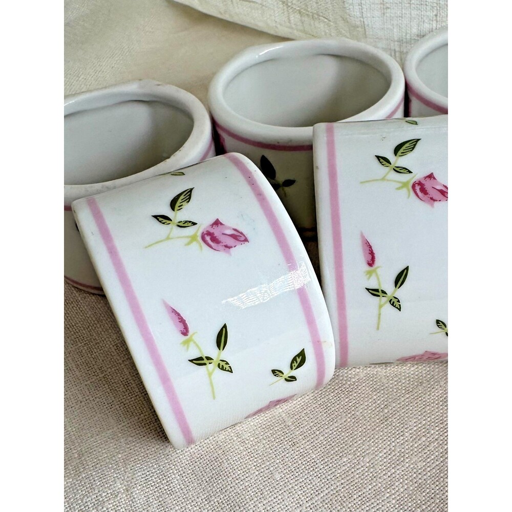 9 Porcelain Rose Napkin Rings Green / Pink, Andre Richard, Grandma Cottage Core - Picture 4 of 16